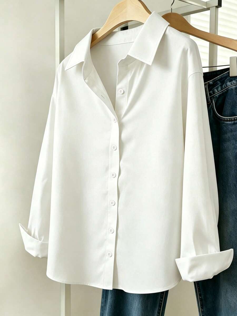 INAWLY Camisa diaria de botones para mujer de estilo sencillo y unicolor - Blanco - Ver 1