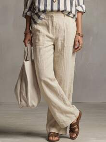 Levarali Women's Solid Color Textured Vacation Fashion Loose Casual Long Pants Beige Autumn - White - View 5