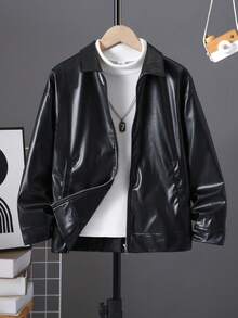 SHEIN Kids Tween Boy Casual Daily Versatile Comfortable Lapel PU Open Front Loose Long Sleeve Mid-Weight Jacket, Suitable For Children's , Back To School , Suitable For Birthday Parties, Evening Events, Performances, Weddings, Christenings, Opening Ceremonies, And Daily Wear For School And Travel - Black - View 4