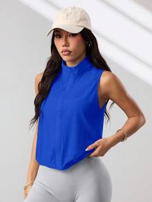 SHEIN Dewbera 純色立領前拉鍊無袖運動夾克 - 寶藍色 - 查看 5