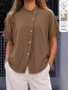Isle Nomé Women's Spring/Summer Casual Asymmetric Placket Short Sleeve Loose Fit Versatile Shirt For Commute Vacation, Home And Daily Wear Coffee Brown - Brown - View 3