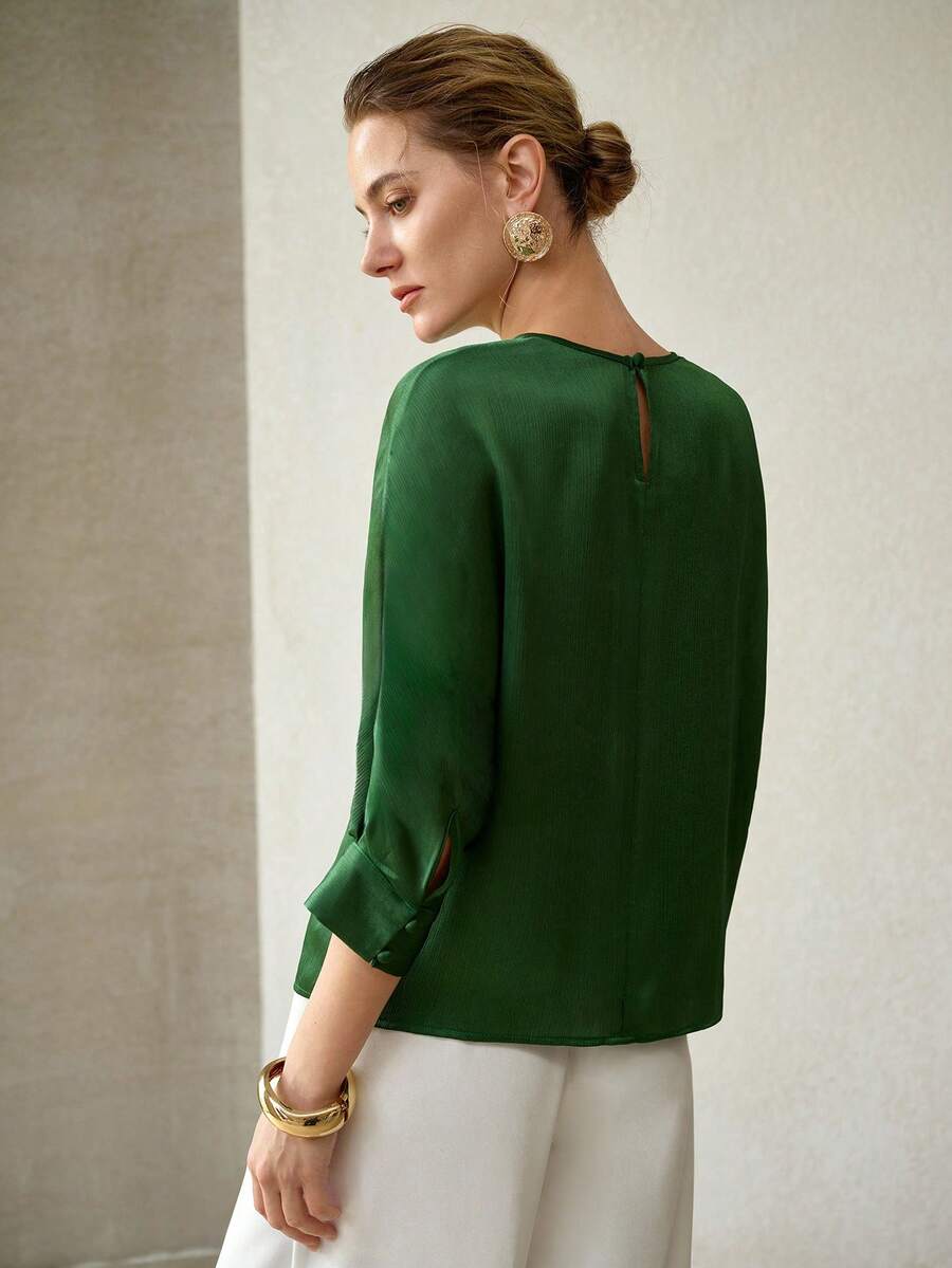 MOTF PREMIUM WOMEN'S SOLID FOLD PLEATED SLEEVE ROUND NECK BLOUSE - Dark Green - View 2