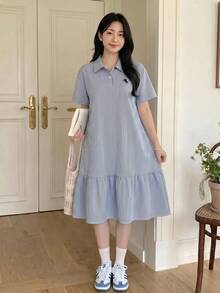 青少年女孩 Polo 領條紋短袖中長洋裝，適合青少年女孩穿著，適用於學校、戶外活動、購物，鈕扣洋裝 - 藍白色 - 查看 3