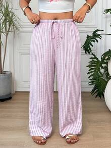 SHEIN EZwear Celana Panjang Wanita Ukuran Besar Motif Garis-Garis Patchwork Kasual Serbaguna untuk Aktivitas Sehari-hari - Berwarna merah muda - View 7