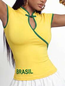 Gowayae Gowayae Women's Brazilian Color Block Frog Button Short Sleeve T-Shirt, Fitted Cropped Yellow With Green Trim - Yellow - View 4