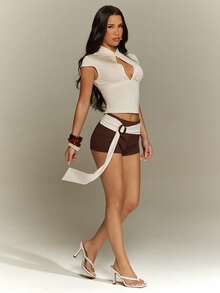 Denimoi Belted Mini Sexy Shorts Euro Summer Vacation Ibiza Fashion Shorts Color Block Two Tone Shorts - Brown - View 8