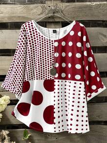 Linhara Plus Size Women Polka Dot Patchwork T-Shirt, Suitable For Daily Commute In Spring And Summer - Multicolor - View 1