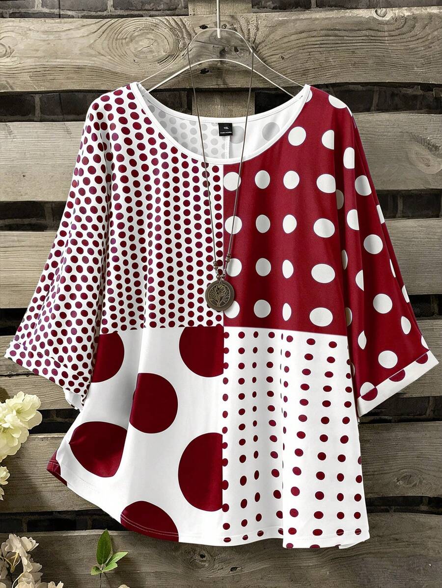 Linhara Plus Size Women Polka Dot Patchwork T-Shirt, Suitable For Daily Commute In Spring And Summer - Multicolor - View 1