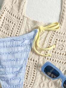 Elavelle Braguita de bikini triángulo de color dulce en contraste, pantalón de baño azul fruncido con lazos amarillos, vacaciones en la playa - Azul - Ver 6
