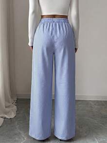 SHEIN Clasi Women's Plus Size Spring/Summer Single Style High Waist Button Front Pleated Vertical Striped Wide Leg Draped Commute Casual Pants Fall - Blue and White - View 2