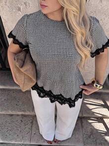 Dripcurv Women's Plus Size Black And White Houndstooth Summer Top, Vacation, Going Out Formal Office Elegant 80s - Black - View 1