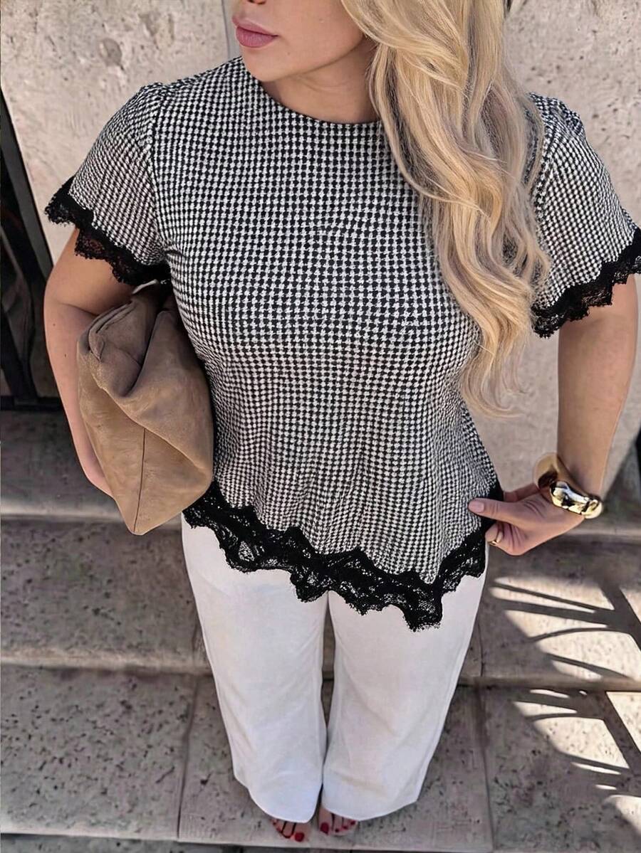 Dripcurv Women's Plus Size Black And White Houndstooth Summer Top, Vacation, Going Out Formal Office Elegant 80s - Black - View 1