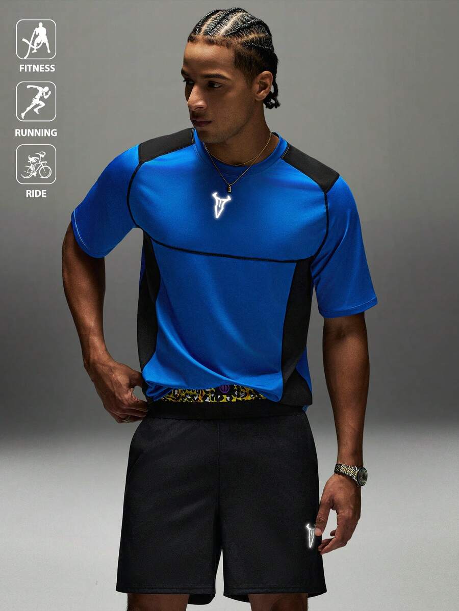 Sport MetroGents Conjunto deportivo de camiseta y pantalones cortos con bloques de color y patchwork para hombres - Azul - Ver 1
