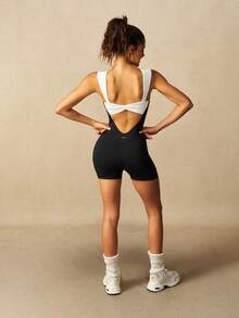 VARSIVA Colorblock Patchwork Backless Sleeveless Fitted Athletic Modest Athleisure Romper Gym Workout Black And White Summer - Black and White - View 10