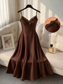 Cravure Plus Size Women's Satin & Contrast Lace Spaghetti Strap Cinched Waist Elegant Formal Dress - Brown - View 1