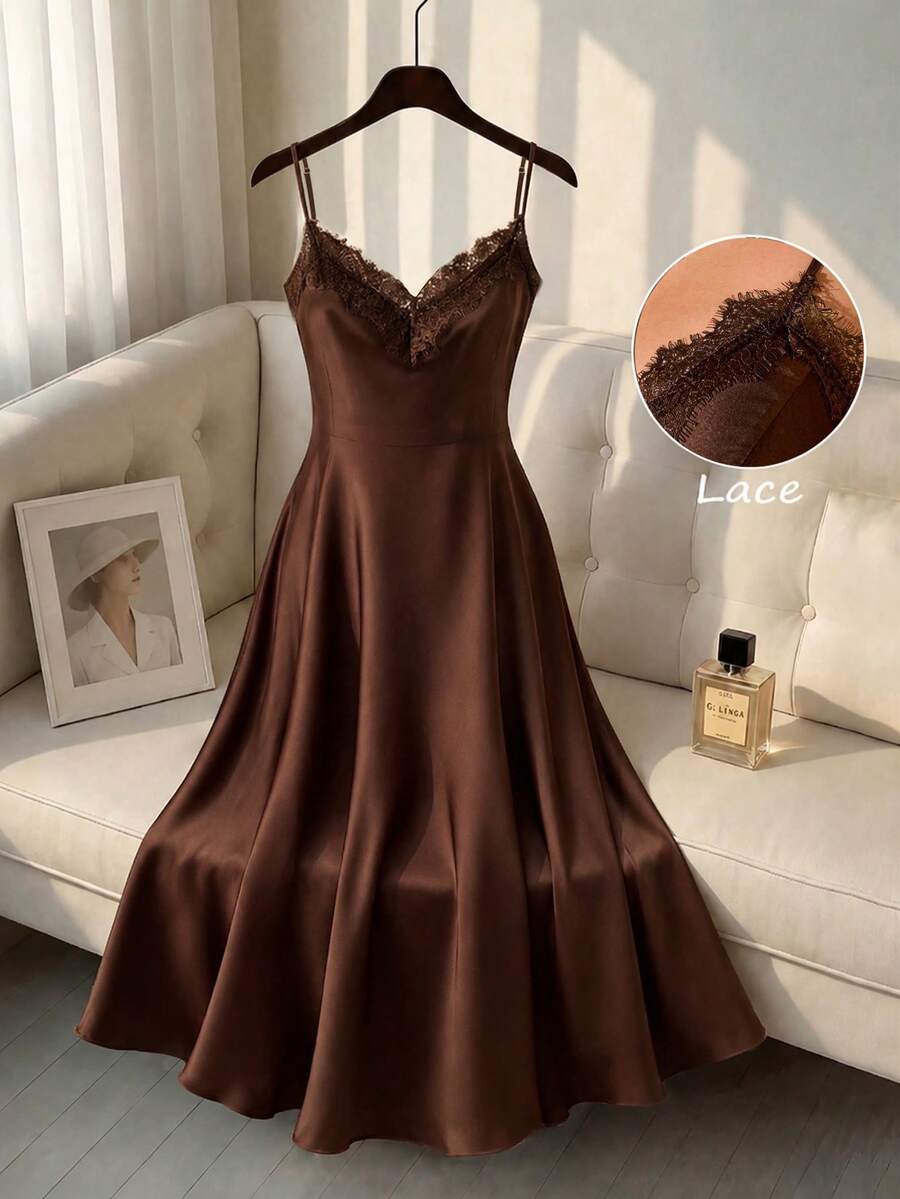 Cravure Plus Size Women's Satin & Contrast Lace Spaghetti Strap Cinched Waist Elegant Formal Dress - Brown - View 1