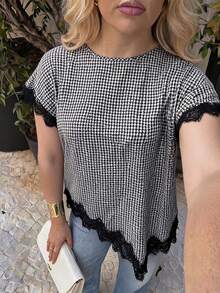 Dripcurv Women's Plus Size Black And White Houndstooth Summer Top, Vacation, Going Out Formal Office Elegant 80s - Black - View 3