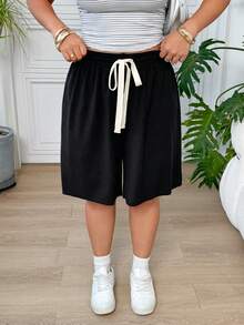 SHEIN EZwear 大尺碼夏季休閒百搭純色短褲 - 黑色 - View 6