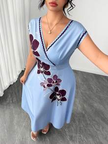 SHEIN Clasi Women's Plus Size Light Blue 3D Floral Pearl Print Woven Fabric Cross V-Neck Short Sleeve Cinched Waist A-Line Midi Dress, Elegant Casual Summer - Multicolor - View 5