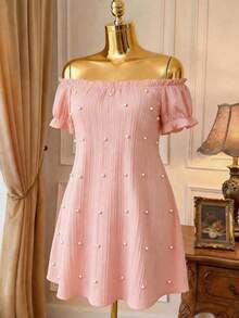 Breezaya Plus Size Elegant Off-Shoulder Dress, Slimming Waist Design With Faux Pearl Decor, Versatile For Daily, Work, Party, Date, Photo Shoot - Pink - View 1