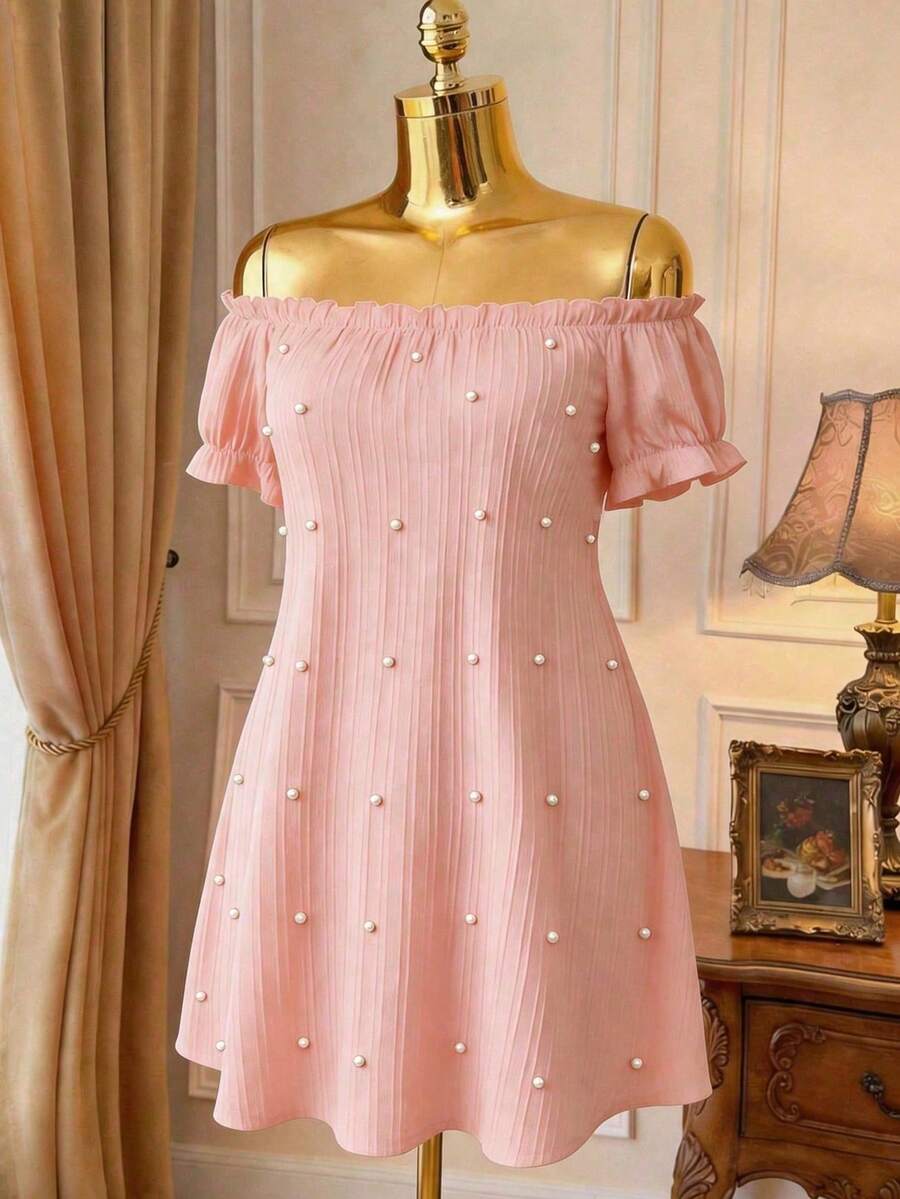Breezaya Plus Size Elegant Off-Shoulder Dress, Slimming Waist Design With Faux Pearl Decor, Versatile For Daily, Work, Party, Date, Photo Shoot - Pink - View 1