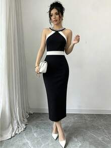 SHEIN Raffinéa Vestido de mujer con cuello halter, bloques de color y decoración de perlas falsas - Blanco y Negro - Ver 6