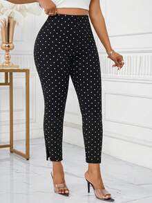 SHEIN Lady 女款時尚通勤波點印花緊身褲 - 黑色 - 查看 5