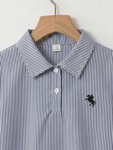 青少年女孩 Polo 領條紋短袖中長洋裝，適合青少年女孩穿著，適用於學校、戶外活動、購物，鈕扣洋裝 - 藍白色 - 查看 10
