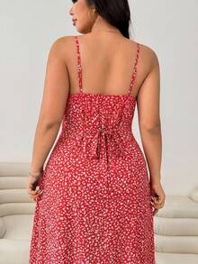 SHEIN EZwear Plus Size Women's Brown Ditsy Floral Cami Dress Gym - Red - View 5