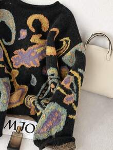EMERY ROSE 2025 Plus Size Women's Fashionable Casual Minimalist Versatile Multi-Colour Fair Isle Pattern Gemstone Floral Button Small Round Neck Knitted Cardigan - Black - View 3
