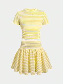 SHEIN Tween女孩夏季可愛休閒舒適黃色與白色條紋圓領短袖上衣與裙子套裝：短袖短版上衣與百褶迷你裙（內含內搭短褲），夏季穿搭 - 黃色 - 查看 2