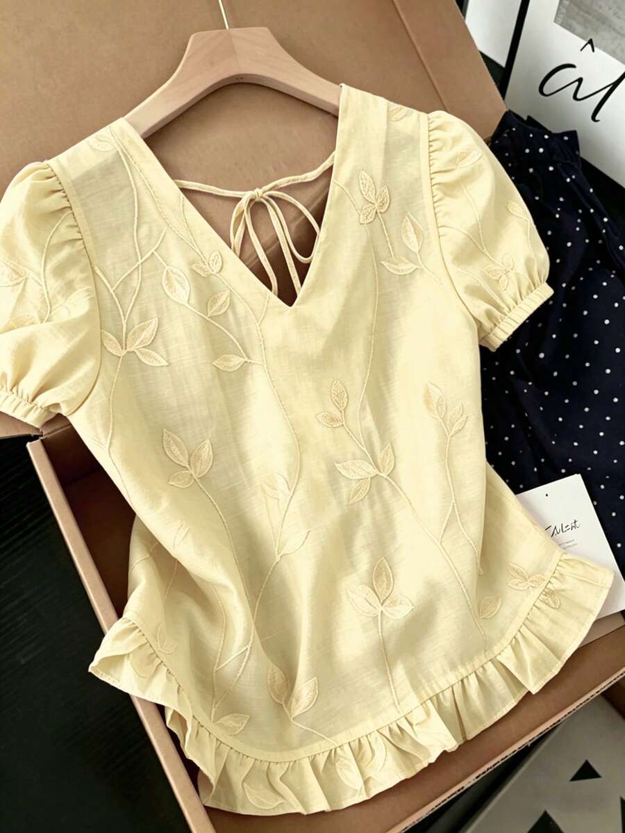 Selianne 女款夏季花瓣袖綁帶領刺繡荷葉邊襯衫 - 黃色 - 查看 1