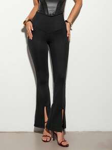 Nuvra Women's Slim Fit Elegant Solid Color Front Slit Design Pants - Black - View 5