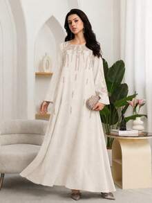 Al Najma Women's Elegant Embroidered Long Robe For Ramadan - Ivory White - View 6