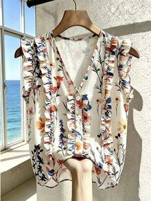 SHEIN Franclia Women's Floral Print Button Ruffle V-Neck Blouse - Apricot - View 6