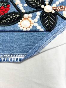 Resyla 女款圓領牛仔T恤，珠飾草莓刺繡短袖休閒寬鬆上衣 - 彩色 - 查看 3