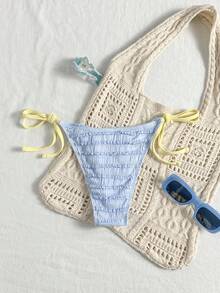 Elavelle Braguita de bikini triángulo de color dulce en contraste, pantalón de baño azul fruncido con lazos amarillos, vacaciones en la playa - Azul - Ver 2
