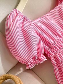 Genkimix Kids Girls' Simple Pink & White Striped Square Neck Petal Sleeve Romper Shorts, Summer Casual Wear - Baby Pink - View 4