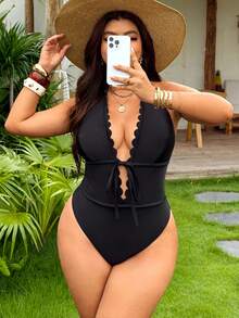 Swim Vcay 2026 New Summer Beach Vacation Casual Sexy Women's Solid Color One-Piece Swimsuit, Valentine's Day Clothing, Plus Size Black - Black - View 1