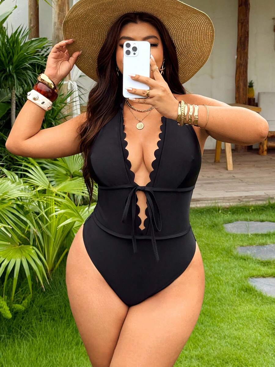 Swim Vcay 2026 New Summer Beach Vacation Casual Sexy Women's Solid Color One-Piece Swimsuit, Valentine's Day Clothing, Plus Size Black - Black - View 1