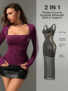 Nuvra Women's 2-In-1 Double Layer 2 In 1 Slimming Waist-Shaping Body-Sculpting Top - Burgundy - View 3