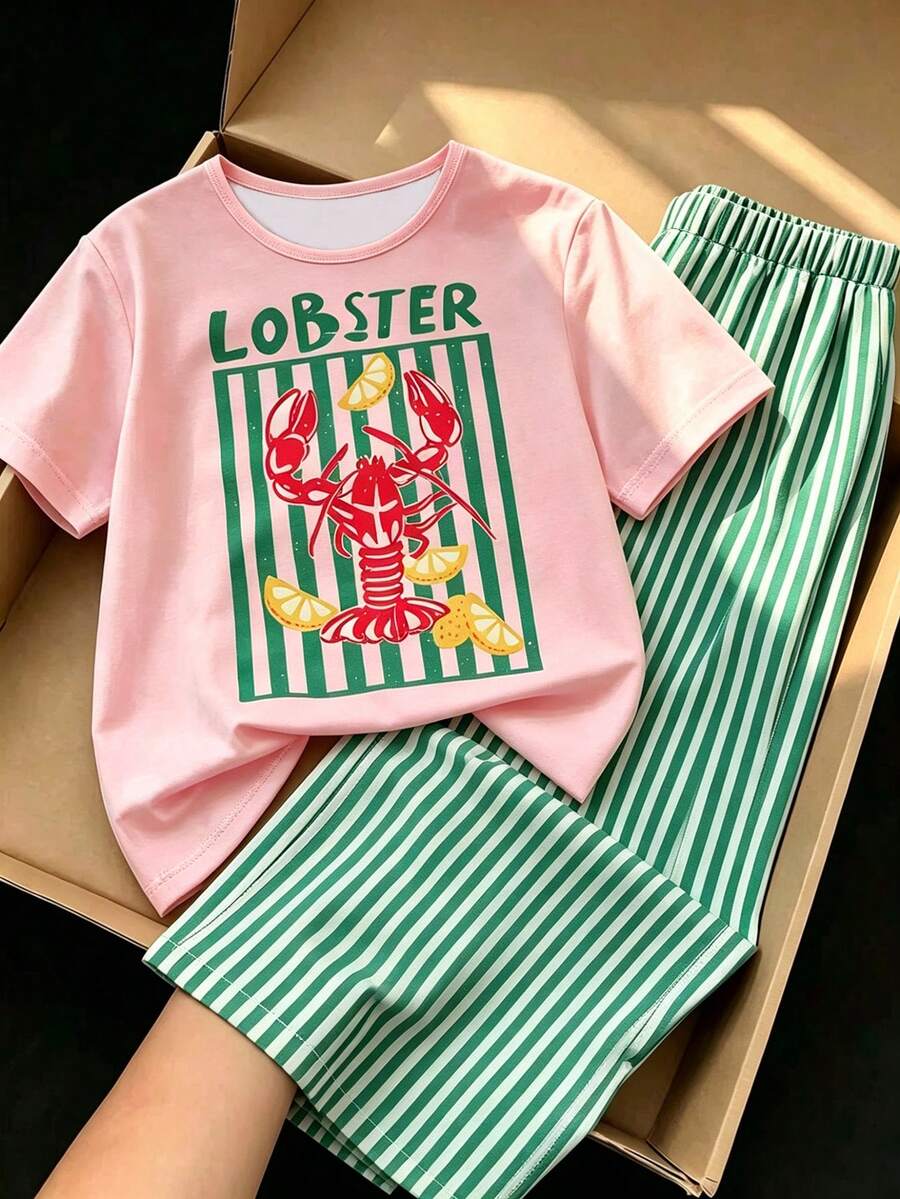 SHEIN Sparklyn Young Girls T-Shirt Set, Fresh And Eye-Catching Color Scheme, Light Pink Short Sleeve T-Shirt With Creative Lobster, Lemon And Letter Print, Full Of Fun; Paired With Green And White Vertical Striped Wide Leg Pants, The Top And Bottom Patterns Echo And Coordinate. Full Of Refreshing Summer Atmosphere. - Multicolor - View 1