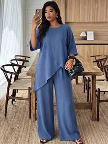 Weeklong Navy Blue Crewneck 3/4 Sleeve Loose Two Pieces Set, Asymmetric Overlap Hem, Plus Size, Cotton-Linen, Casual Resort, Summer Pastoral Style - Blue - View 4