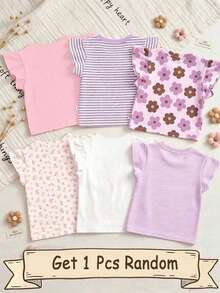 SHEIN (Patrón aleatorio, 1 pieza aleatoria) Camiseta corta básica de manga de mariposa con lazo fresco y lindo, patrón floral y a rayas, cómoda para uso diario en verano para niñas - Rosa - Ver 2