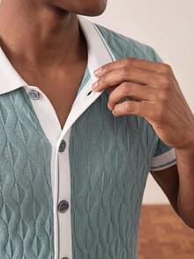 Manfinity Homme Men's Contrast Trim Button Front Knit Polo Shirt,Short Sleeve Knitted Sweater Shirt,Mint Green Dusty Blue Summer Casual Vacation Holiday Outfit - Multicolor - View 4