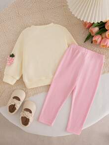 SHEIN Playful Pals 女嬰秋季兩件套，3D花卉刺繡套頭衛衣 + 粉色針織內搭褲，柔軟可愛套裝 - 粉色 - 查看 4