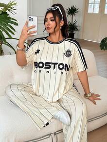 SHEIN EZwear 杏色休閒女款大尺碼字母條紋短袖T恤與長褲套裝 - 杏色 - 查看 6