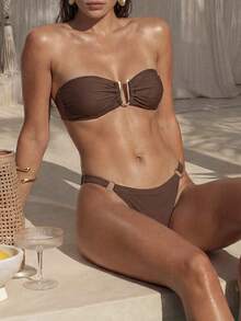 Swim Chiccia Bộ đồ bơi bikini 2 mảnh không dây màu trơn trang trí kim loại cho nữ mùa xuân, trang phục đi biển mùa hè tối giản - màu nâu - Xem 1