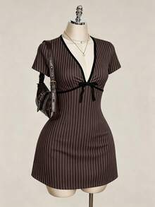 SHEIN ICON 大尺碼夏季休閒條紋修身洋裝 - 棕色 - 查看 4