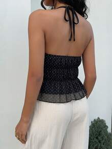Sunnyshic Women's Black Mesh Polka Dot Halter Neck Tie Back Sexy Open Back Ruched Waist Design Spring Summer European American Vintage Sweet Cute Date Vacation Style Blouse - Black - View 2
